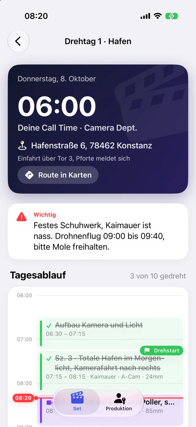 Cinedash Set: persönliche Call Time mit Route